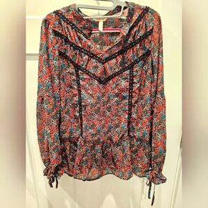 Matilda Jane Women’s Medium Floral Peplum Blouse Long Sleeve Lace Trim Boho Top